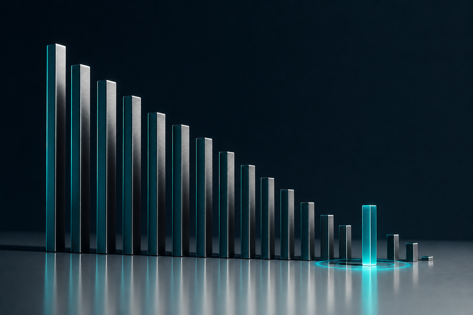 Abstract descending metal bars in teal lighting representing how quickly fund shares trade out.