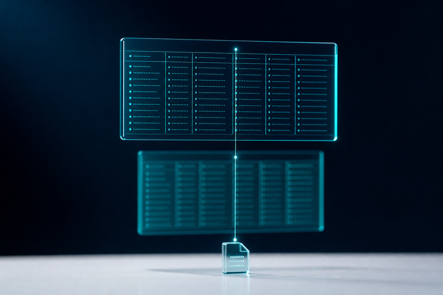 Two translucent data-file planes stacked and connected by a glowing line, suggesting joined fund files with provenance.